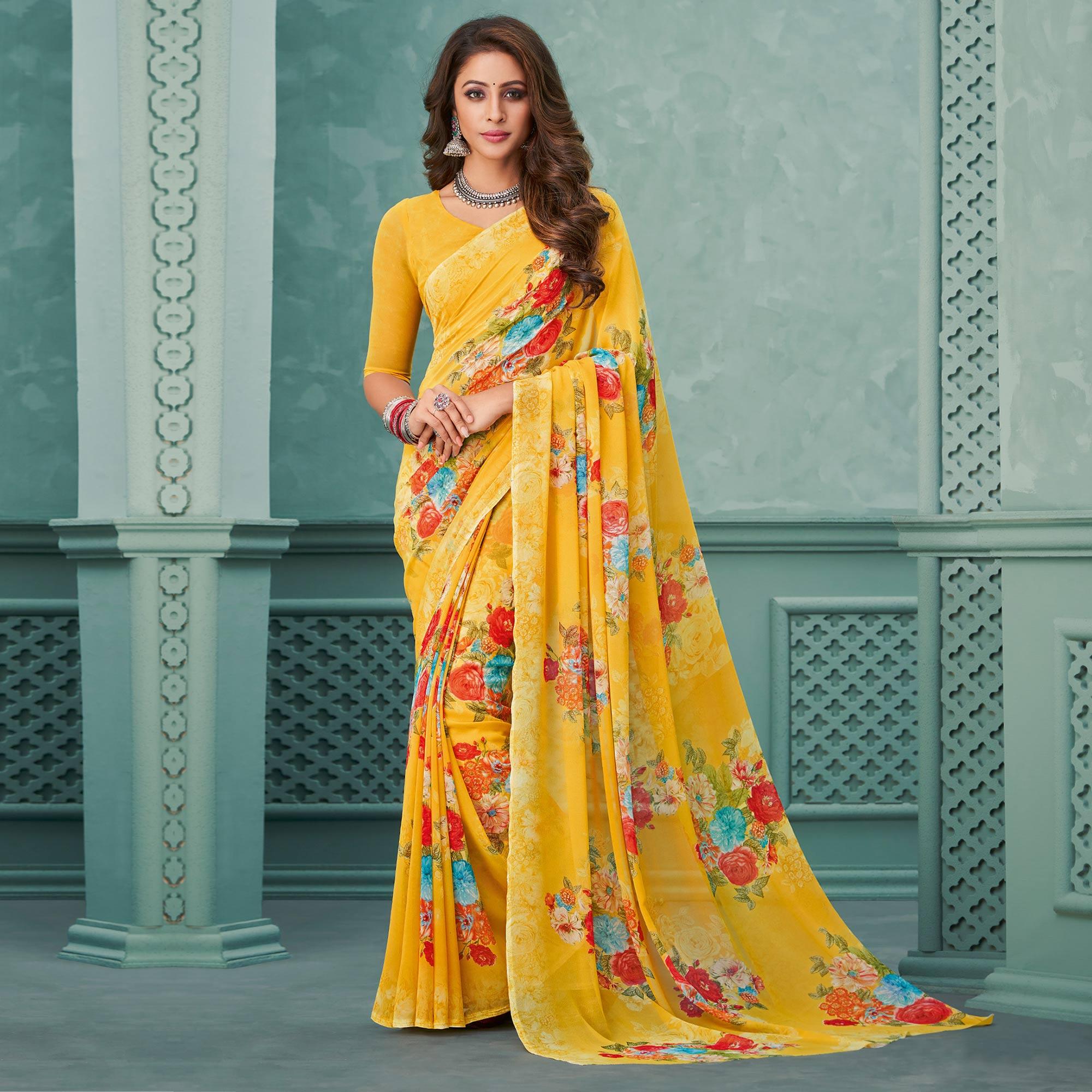 Yellow Floral Printed Georgette Saree - Peachmode