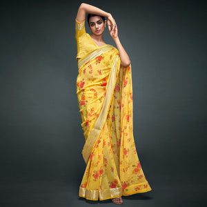 Yellow Floral Printed Georgette Saree - Peachmode