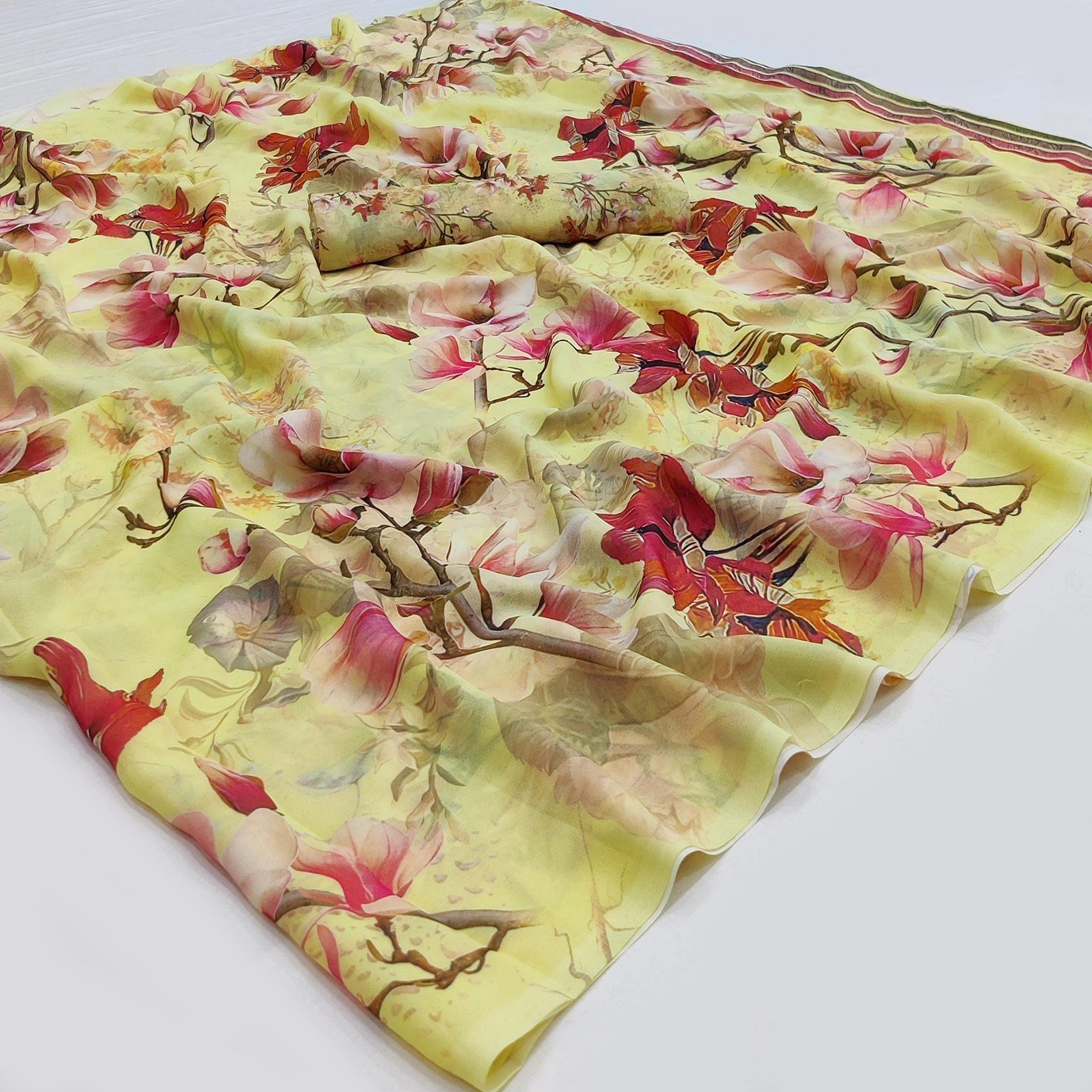 Yellow Floral Printed Georgette Saree - Peachmode