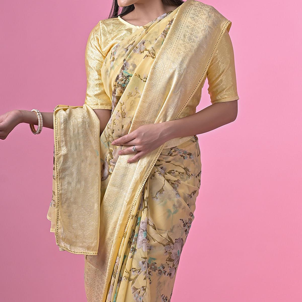 Yellow Floral Printed Georgette Saree - Peachmode
