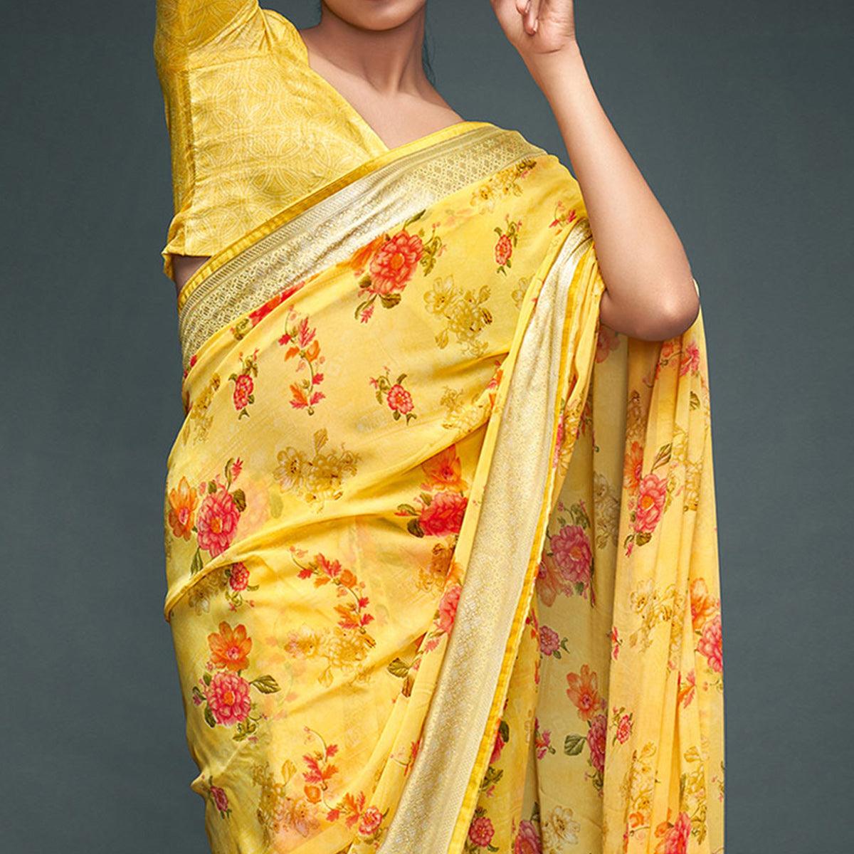 Yellow Floral Printed Georgette Saree - Peachmode