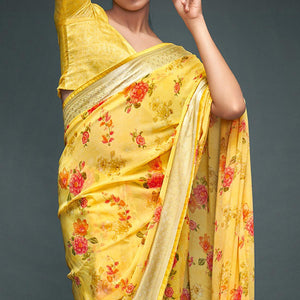 Yellow Floral Printed Georgette Saree - Peachmode