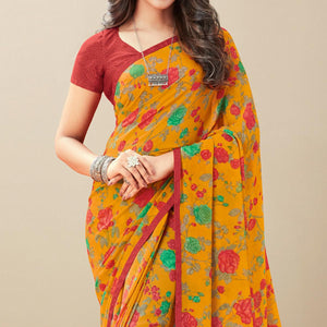 Yellow Floral Printed Georgette Saree - Peachmode
