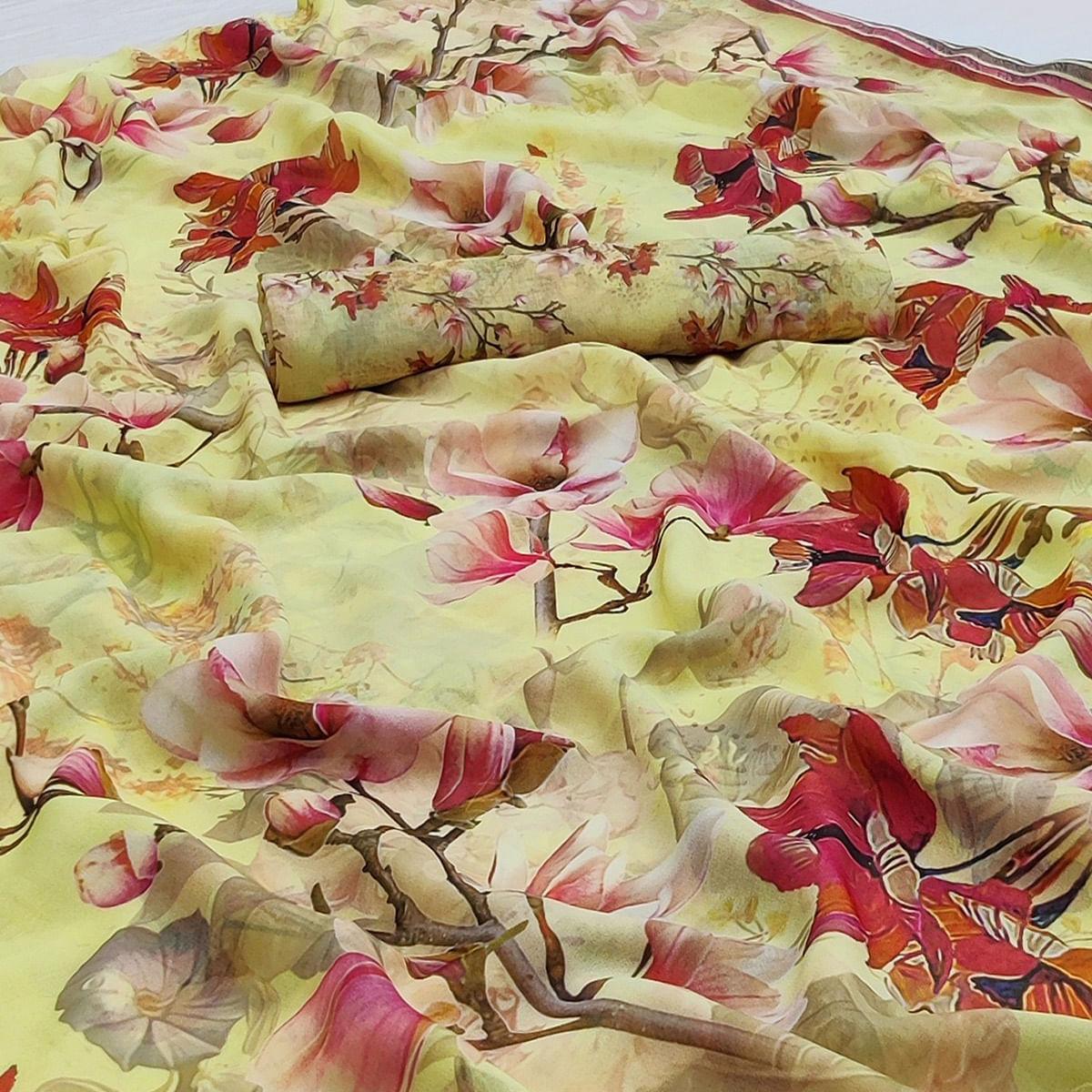 Yellow Floral Printed Georgette Saree - Peachmode