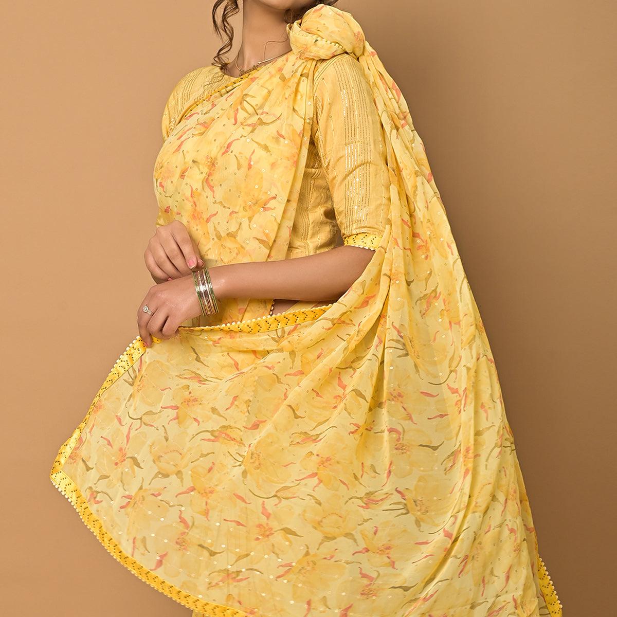 Yellow Floral Printed Georgette Saree - Peachmode