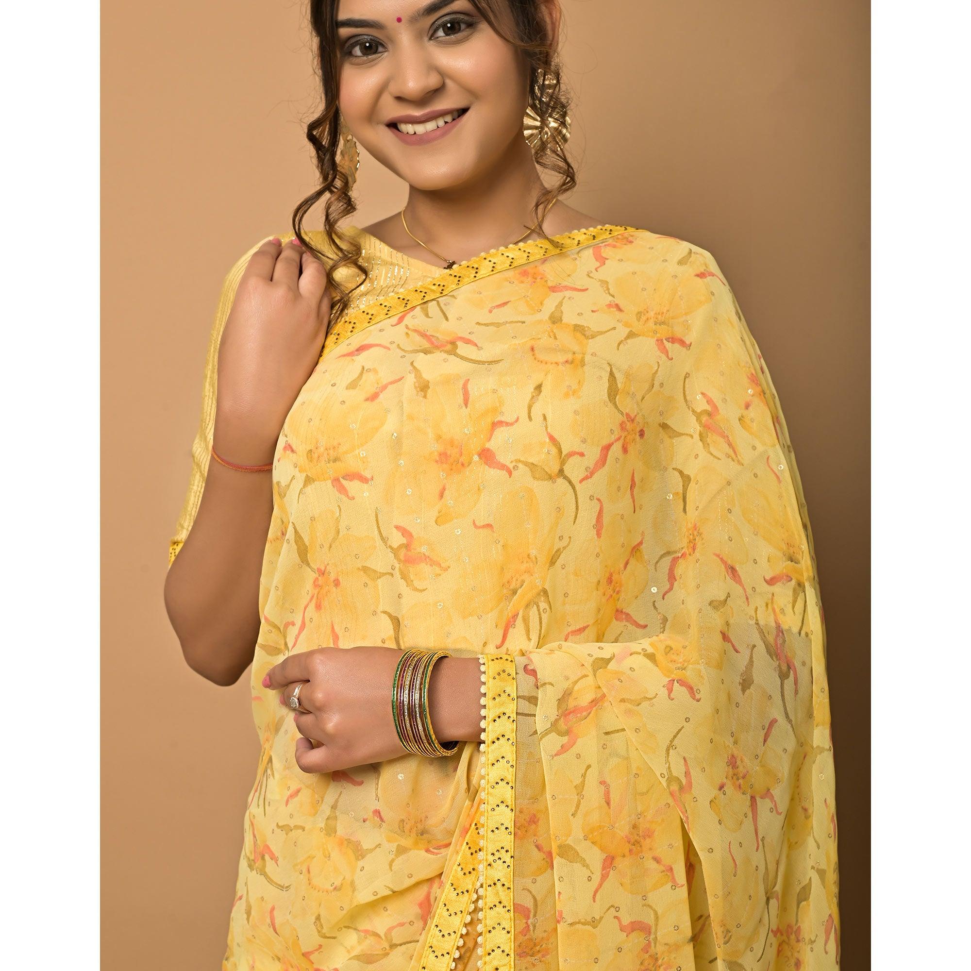Yellow Floral Printed Georgette Saree - Peachmode