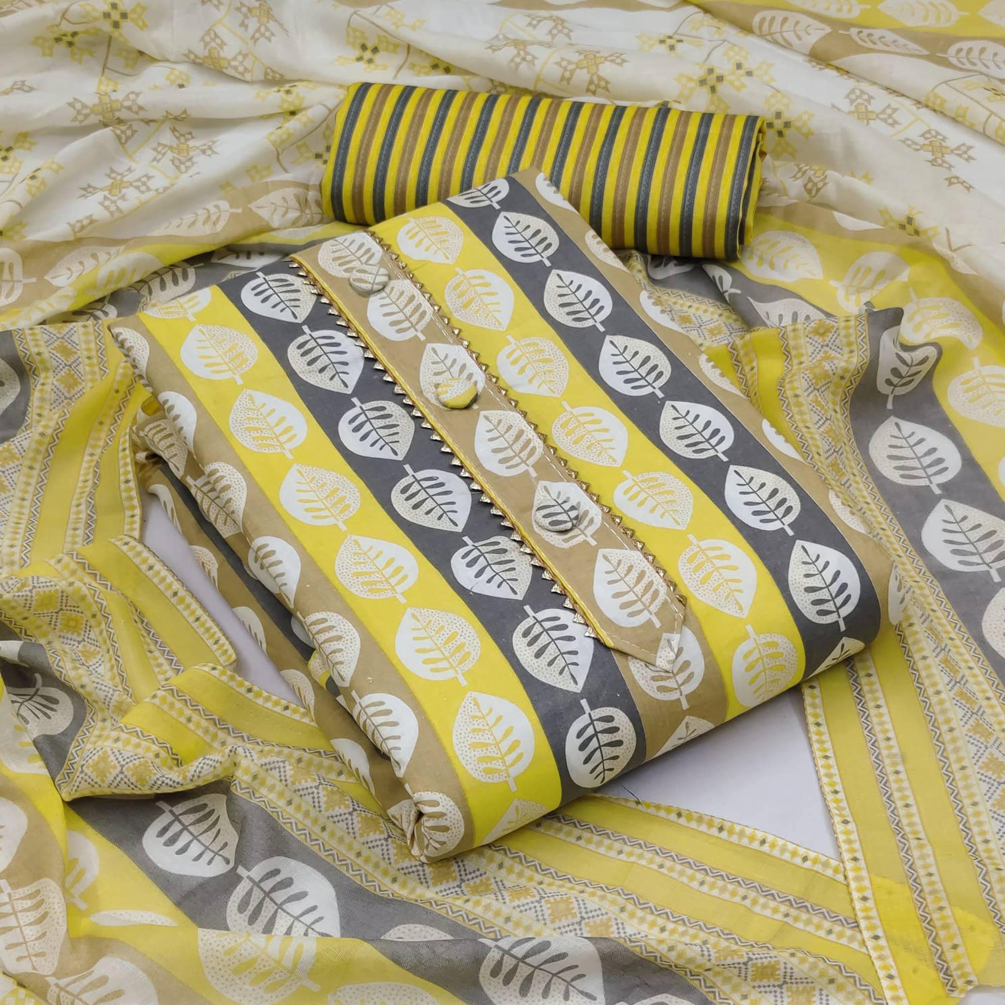 Yellow Floral Printed Pure Cotton Dress Material - Peachmode
