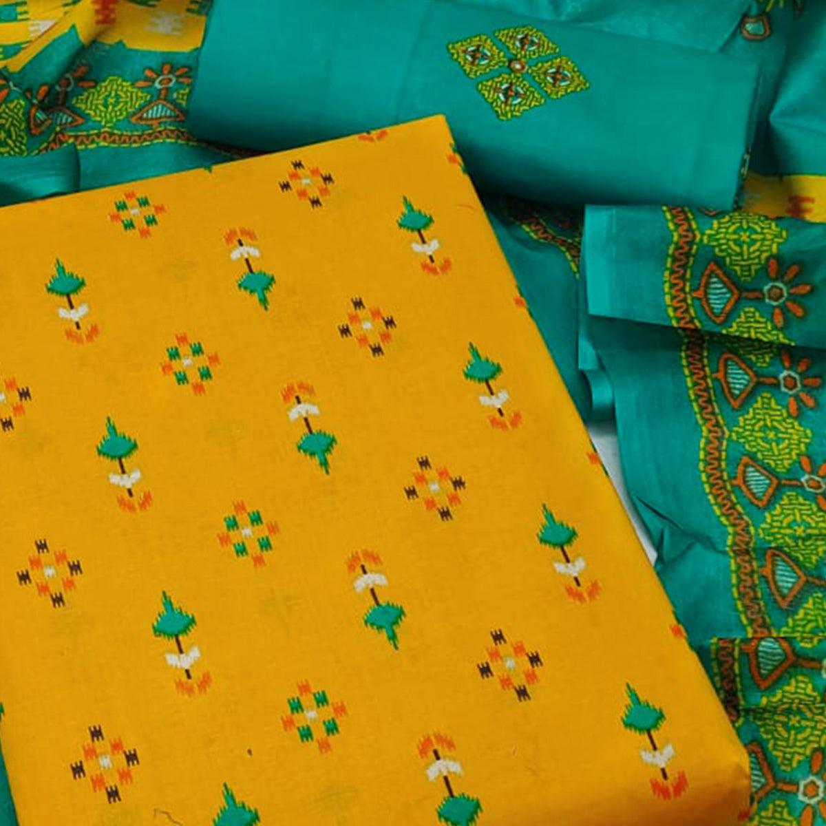 Yellow Floral Printed Pure Cotton Dress Material - Peachmode