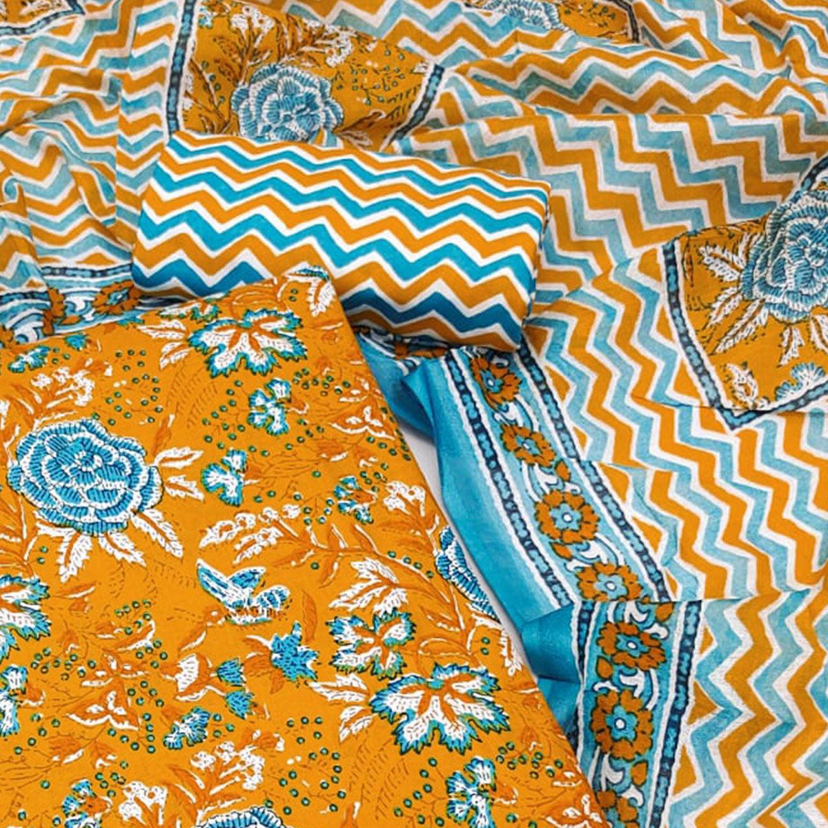 Yellow Floral Printed Pure Cotton Dress Material - Peachmode