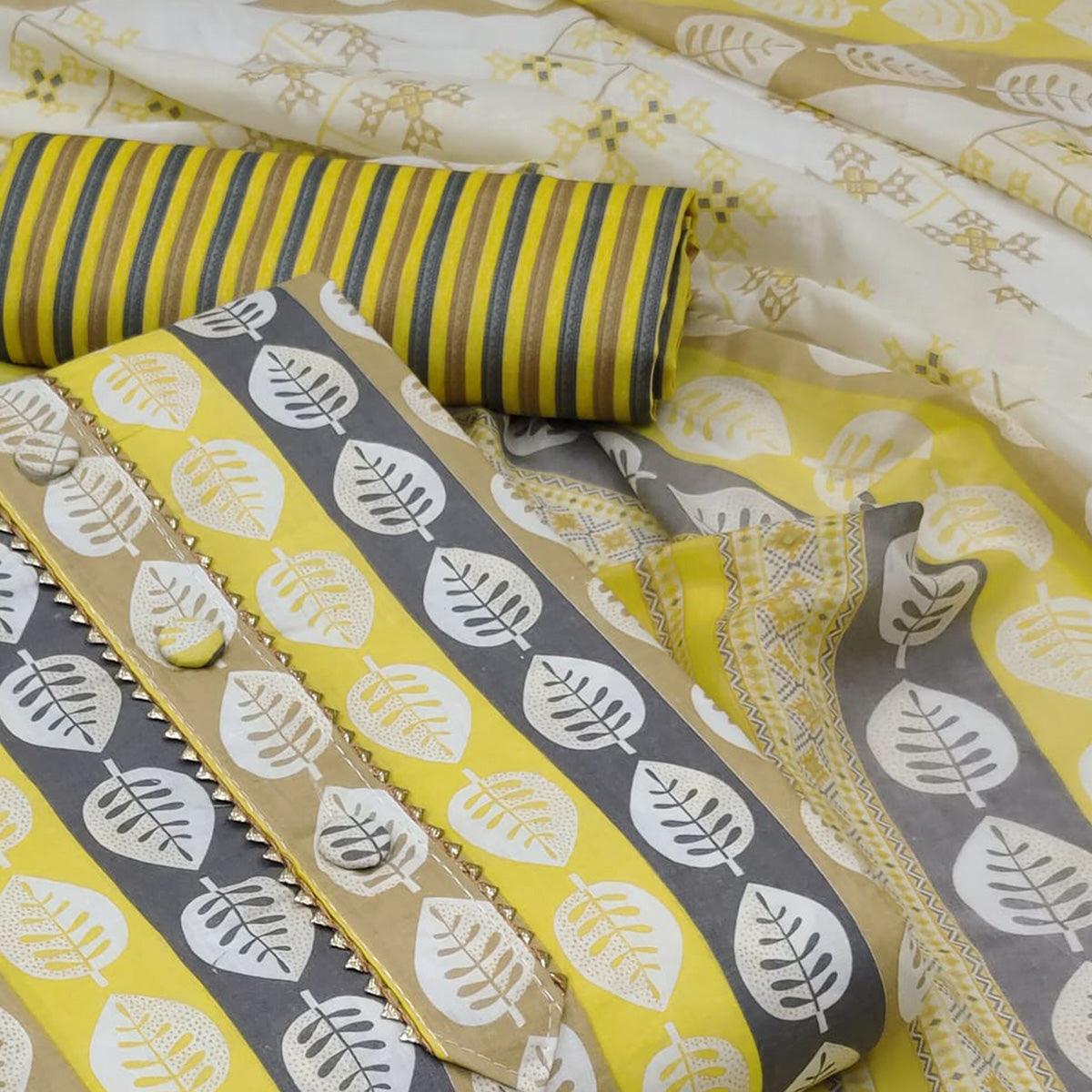 Yellow Floral Printed Pure Cotton Dress Material - Peachmode