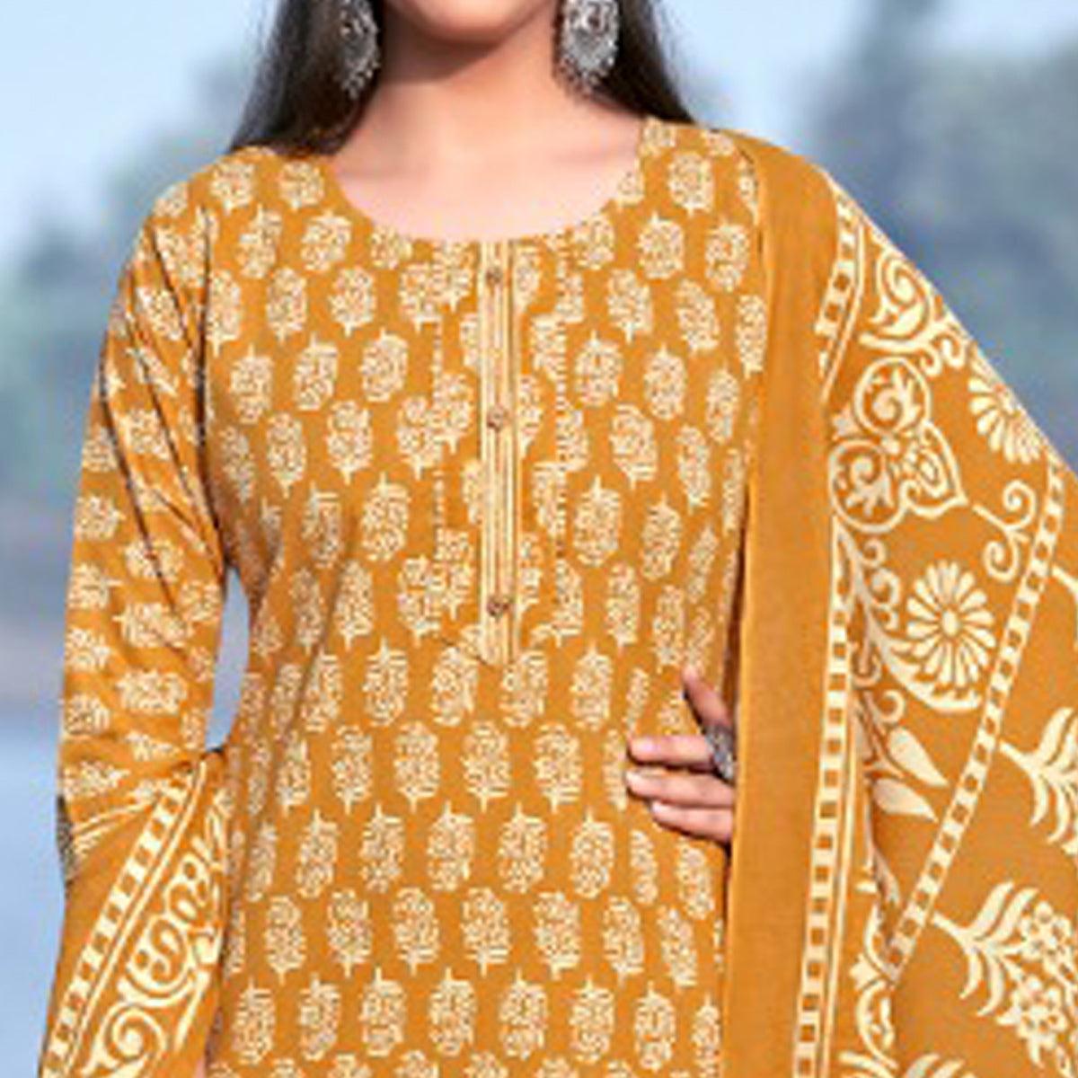 Yellow Floral Printed Pure Cotton Kurti Pant Set With Dupatta - Peachmode