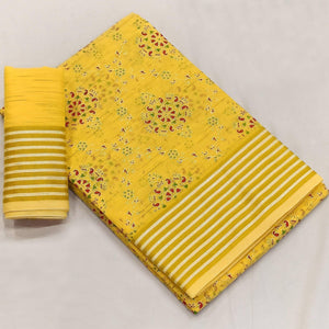 Yellow Floral Printed Pure Cotton Saree - Peachmode