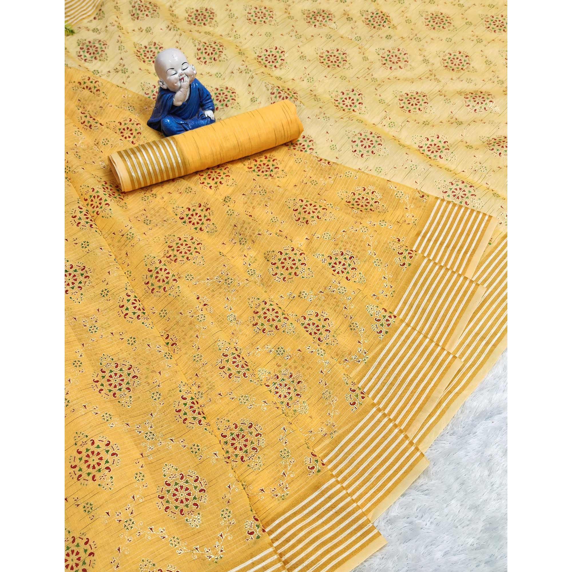 Yellow Floral Printed Pure Cotton Saree - Peachmode