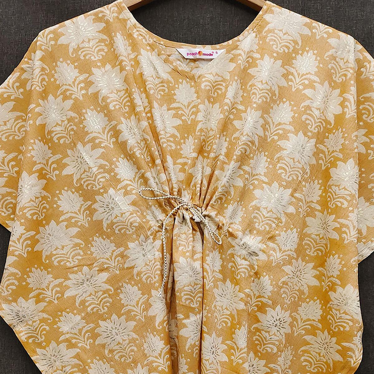 Yellow Floral Printed Rayon Kaftan Top - Peachmode