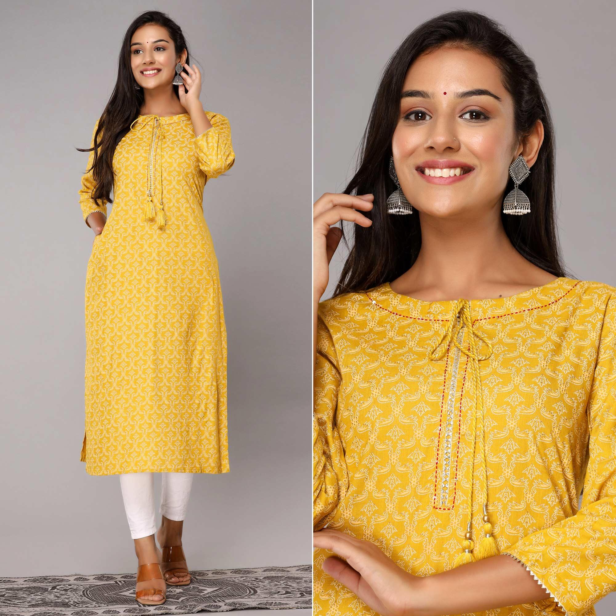 Yellow Floral Printed Rayon Kurti - Peachmode