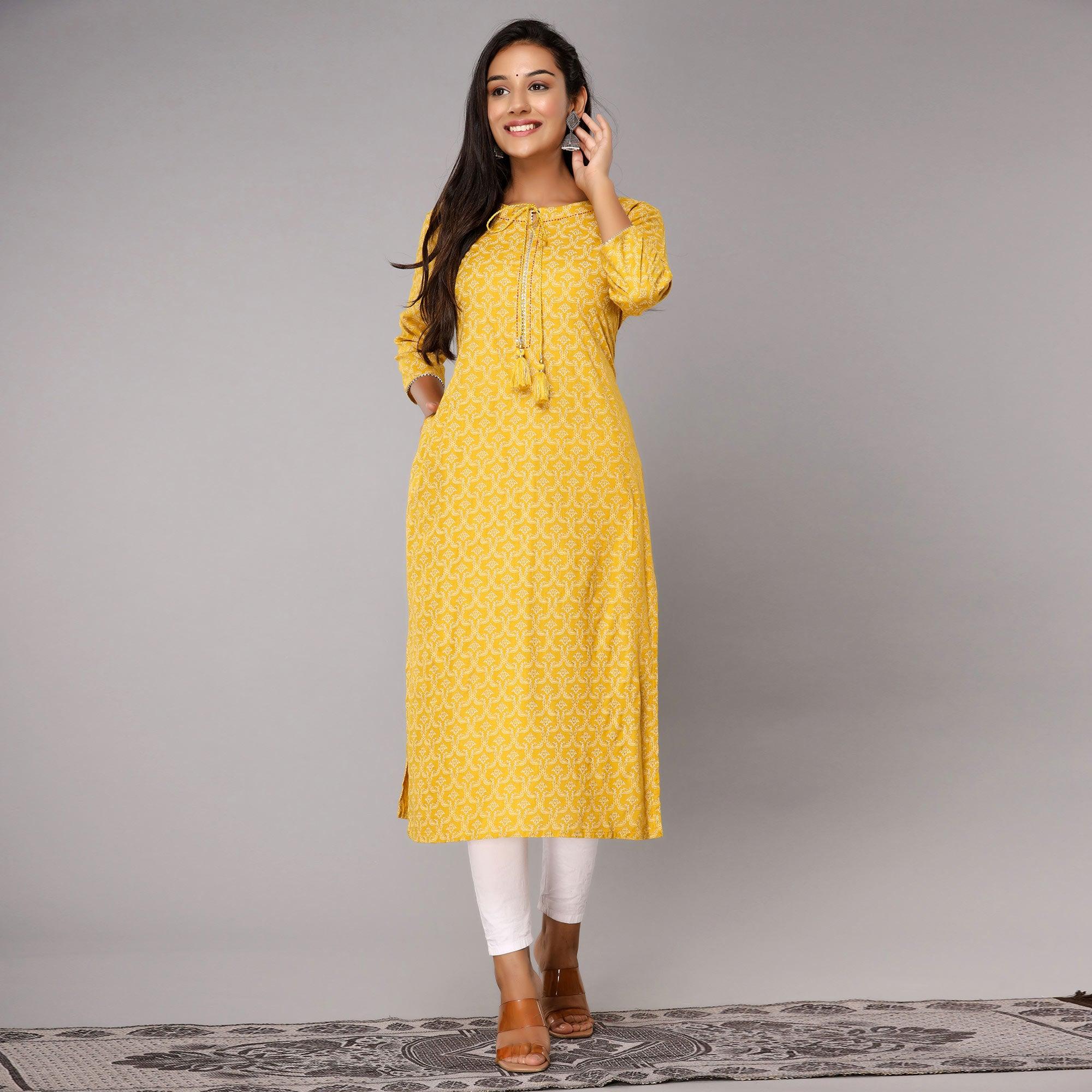 Yellow Floral Printed Rayon Kurti - Peachmode