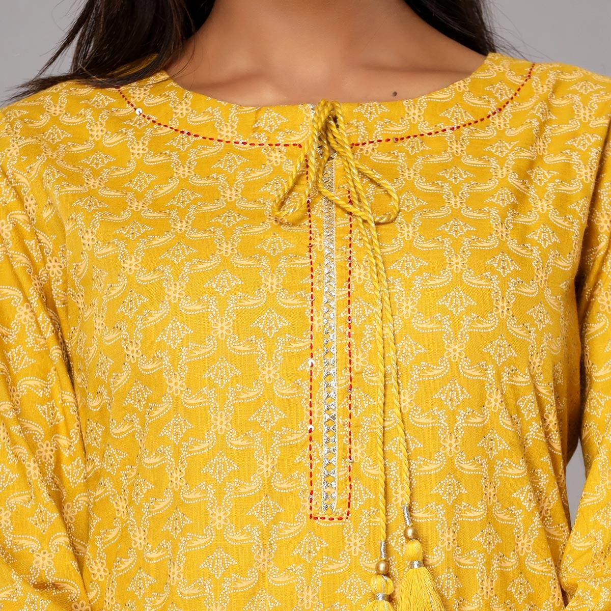 Yellow Floral Printed Rayon Kurti - Peachmode