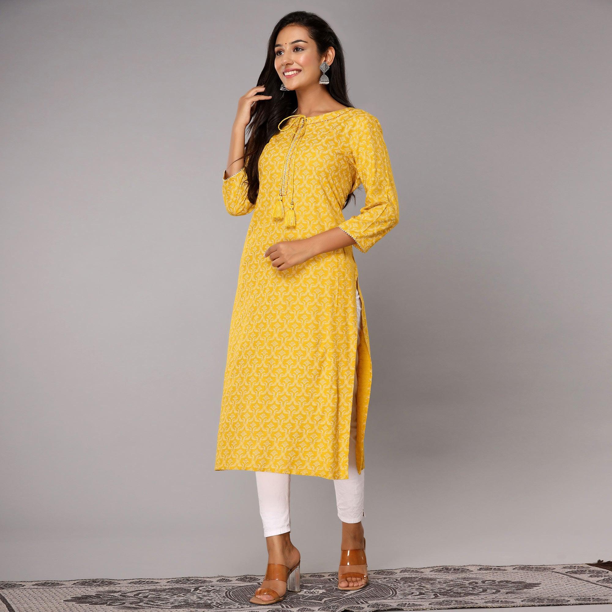 Yellow Floral Printed Rayon Kurti - Peachmode