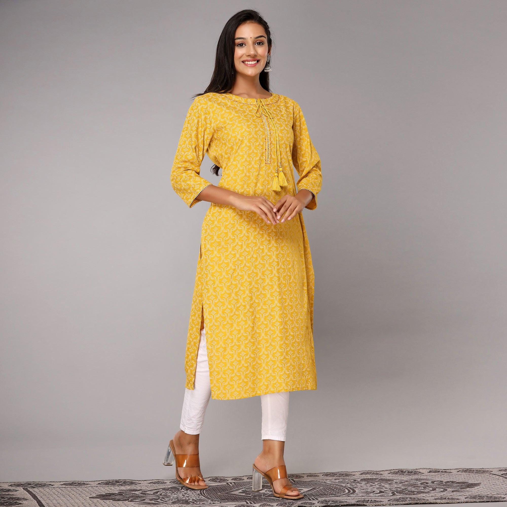 Yellow Floral Printed Rayon Kurti - Peachmode