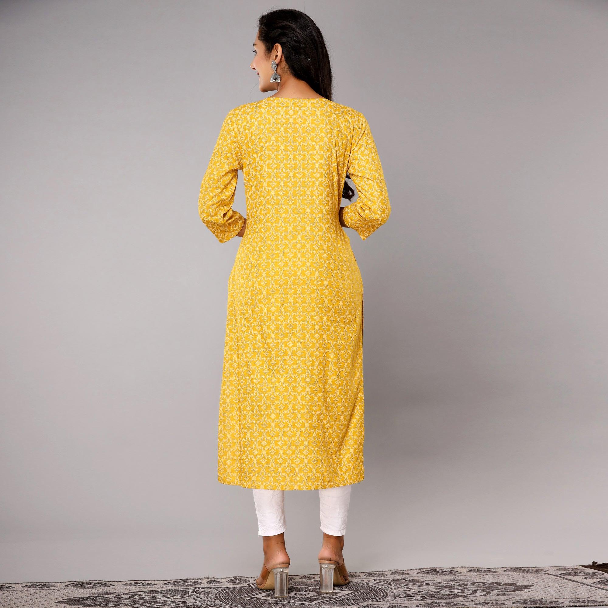 Yellow Floral Printed Rayon Kurti - Peachmode