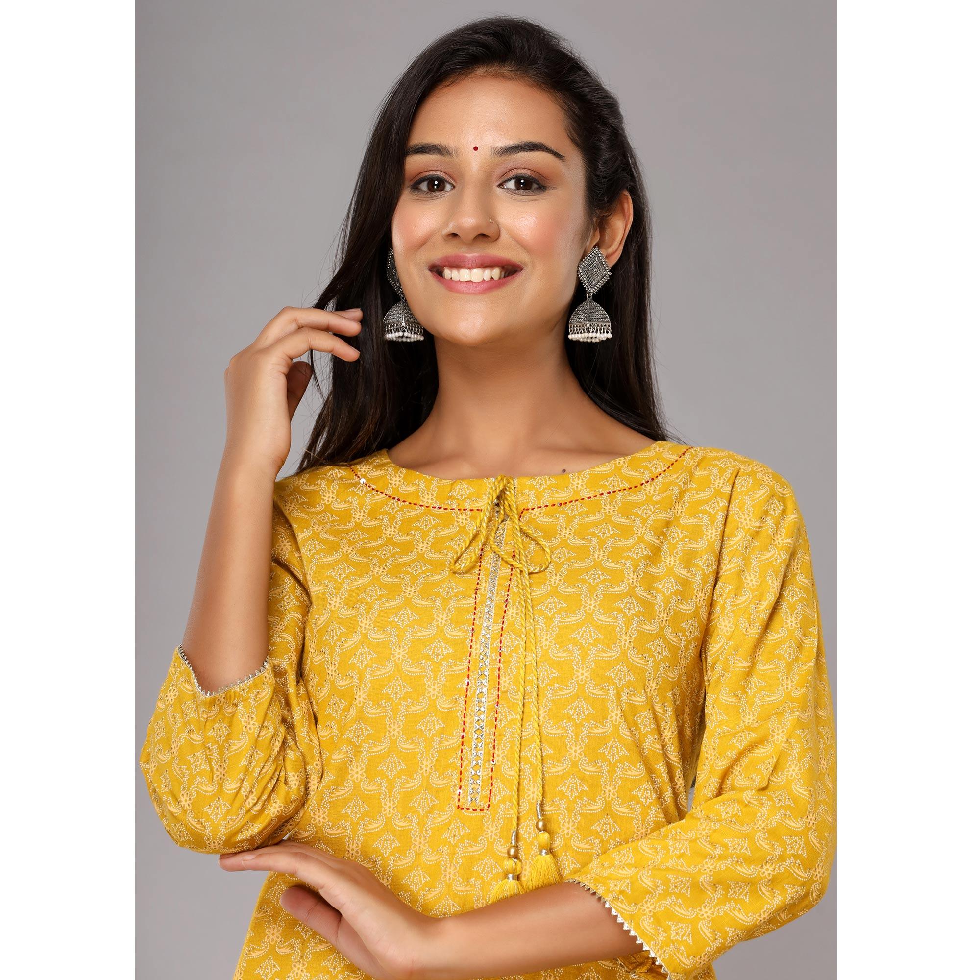 Yellow Floral Printed Rayon Kurti - Peachmode