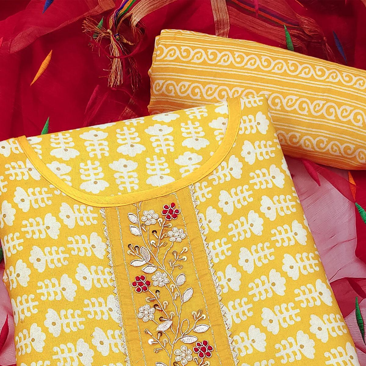 Yellow Floral Printed With Embellished Poly Cotton Dress Material - Peachmode