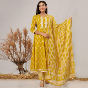 Yellow Floral Printed With Embroidered Pure Cotton Anarkali Suit - Peachmode