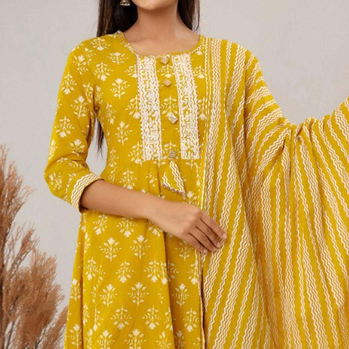 Yellow Floral Printed With Embroidered Pure Cotton Anarkali Suit - Peachmode