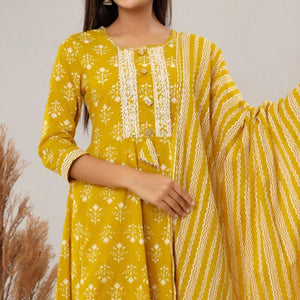Yellow Floral Printed With Embroidered Pure Cotton Anarkali Suit - Peachmode
