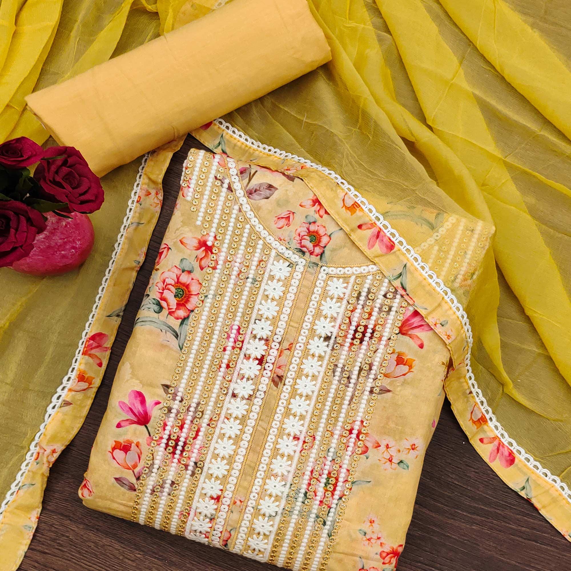 Yellow Floral Printed With Embroidery Pure Cotton Dress Material - Peachmode