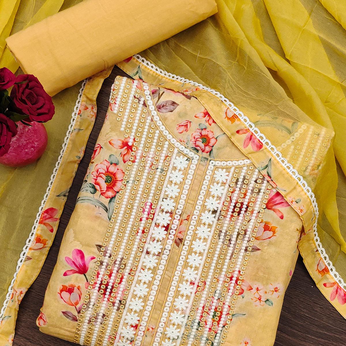 Yellow Floral Printed With Embroidery Pure Cotton Dress Material - Peachmode