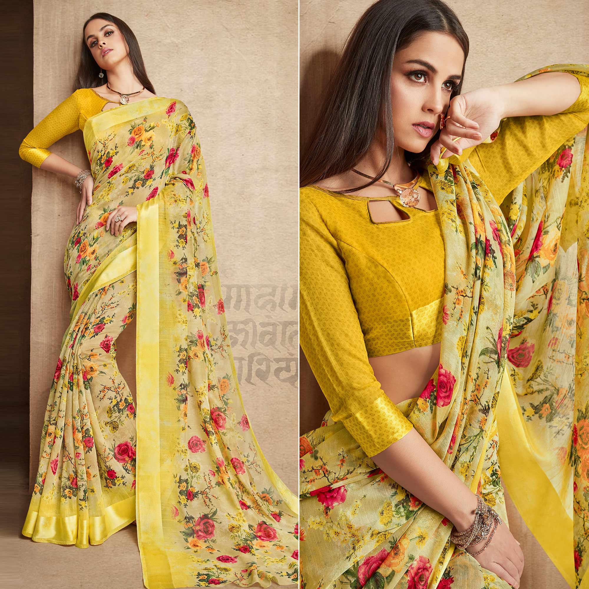 Yellow Floral Prited Poly Cotton Saree - Peachmode