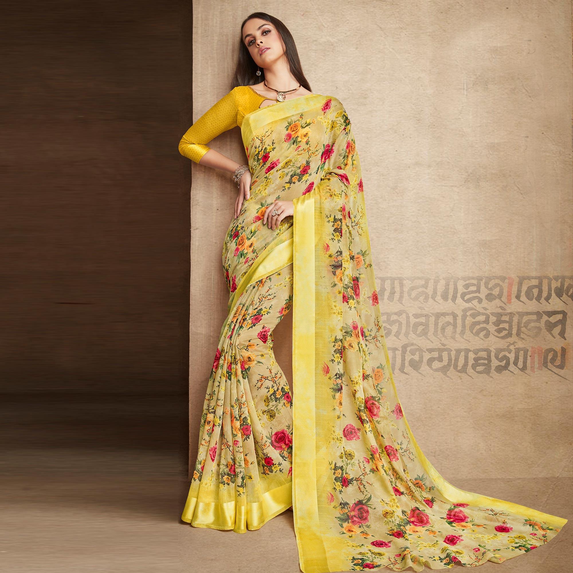 Yellow Floral Prited Poly Cotton Saree - Peachmode