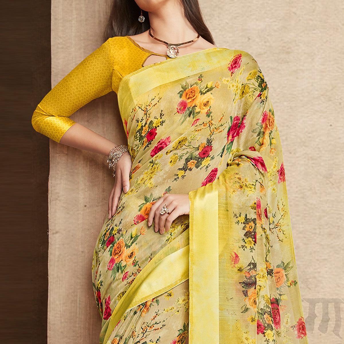 Yellow Floral Prited Poly Cotton Saree - Peachmode