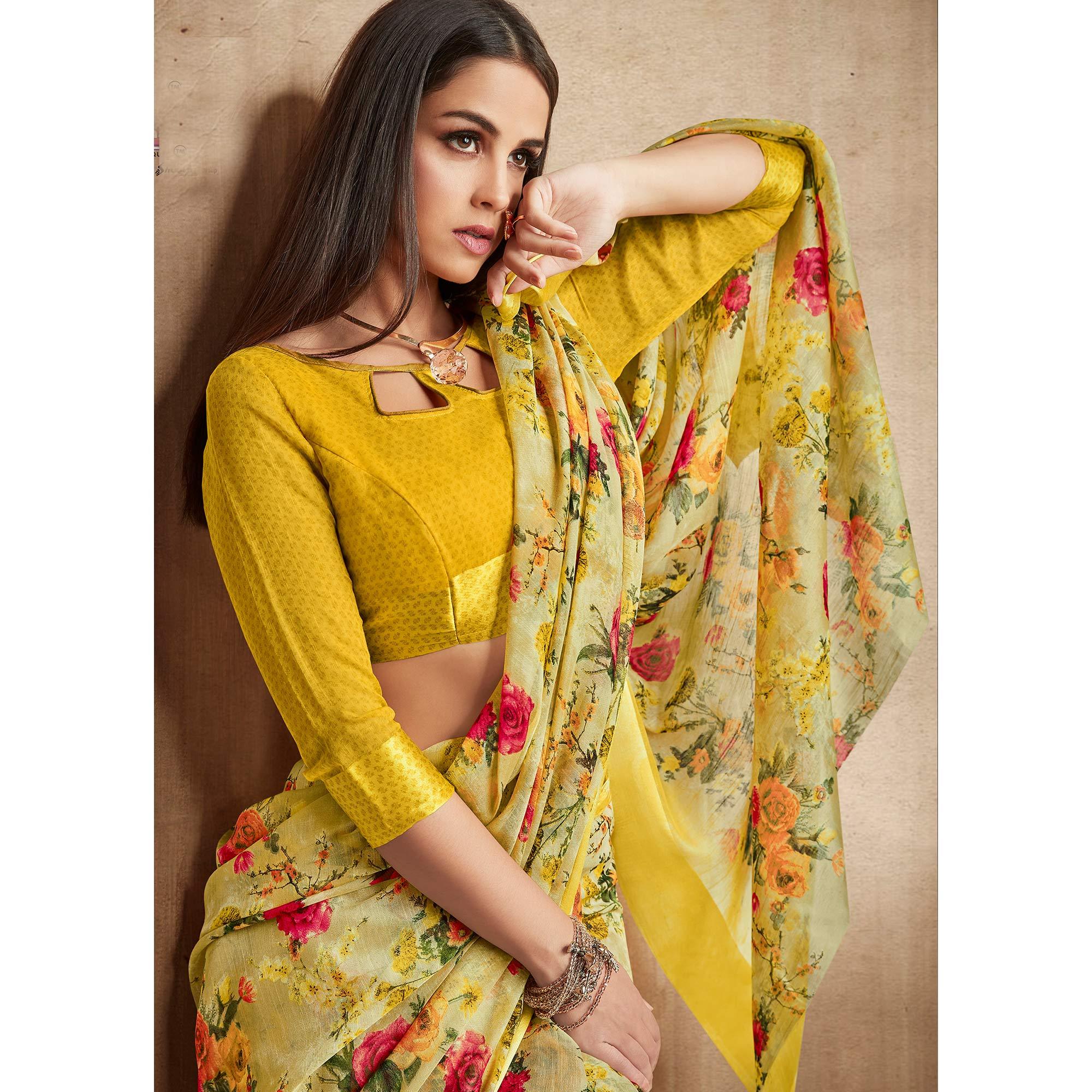 Yellow Floral Prited Poly Cotton Saree - Peachmode
