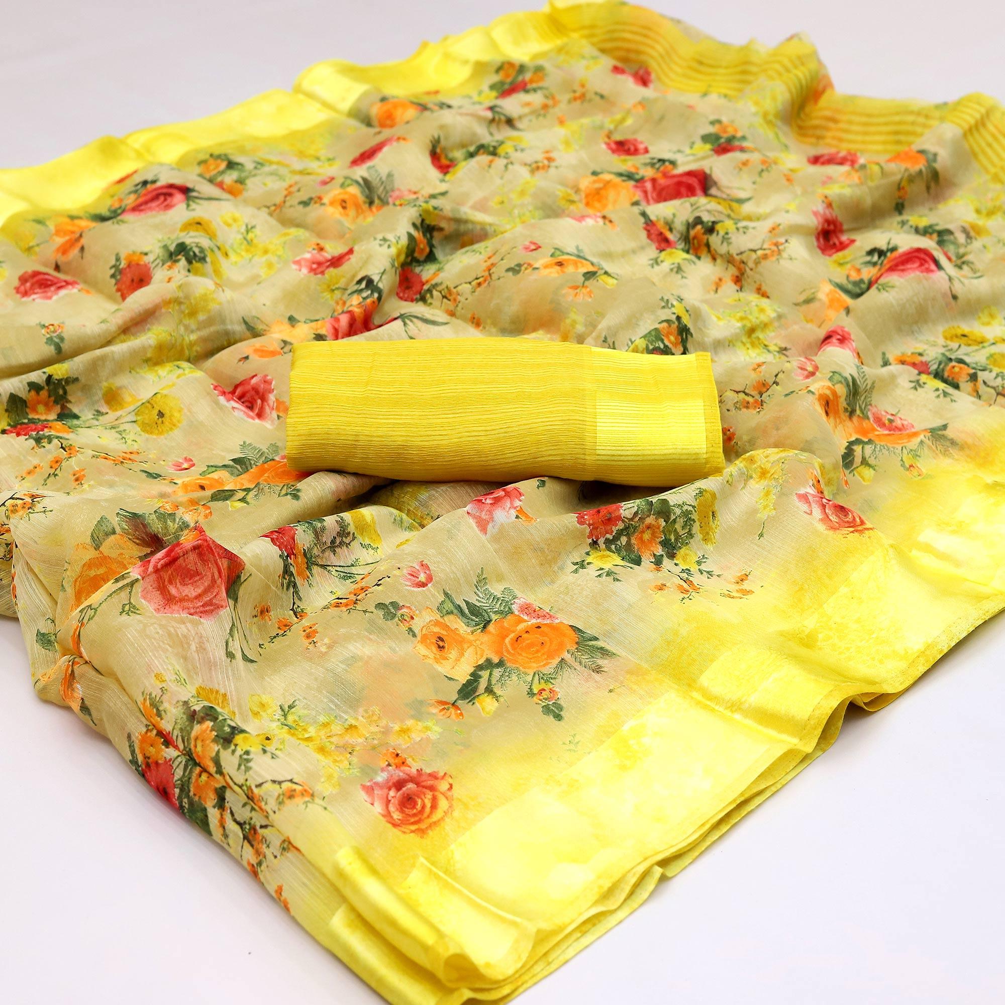 Yellow Floral Prited Poly Cotton Saree - Peachmode