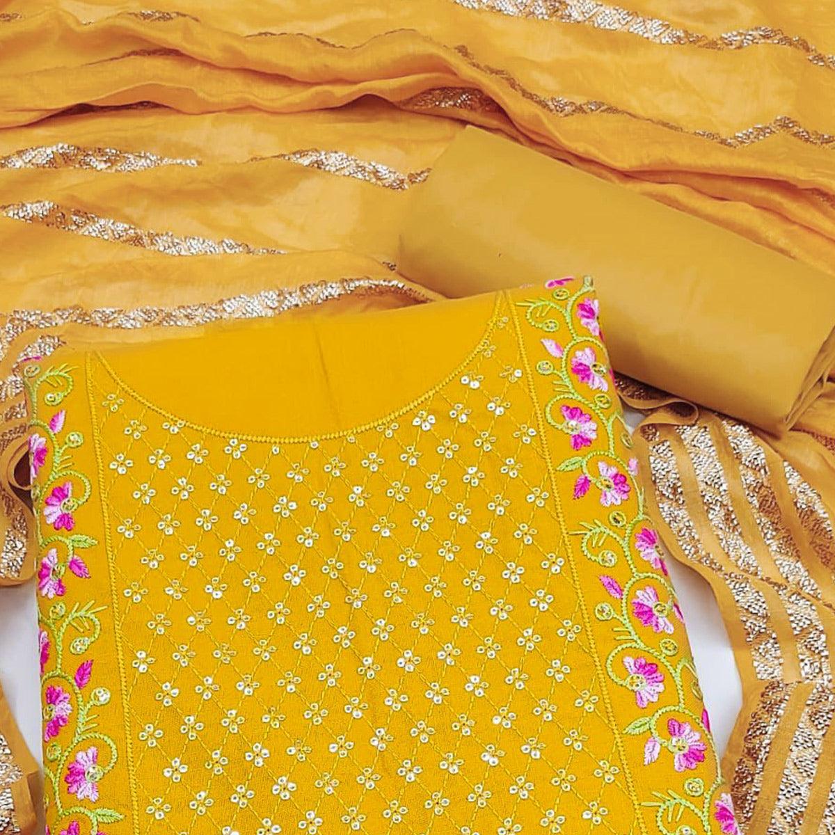Yellow Floral Sequence Embroidered Cotton Blend Dress Material - Peachmode
