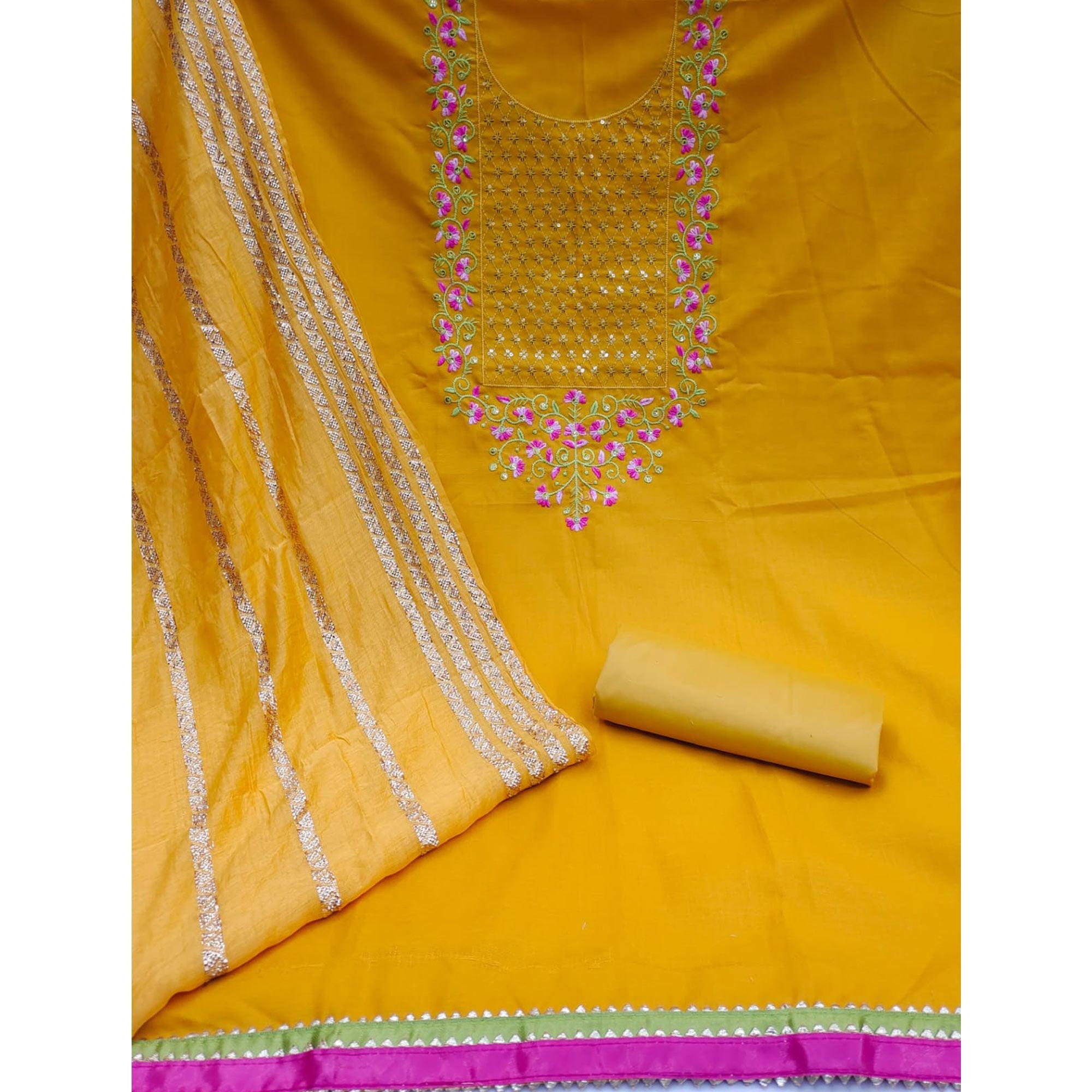 Yellow Floral Sequence Embroidered Cotton Blend Dress Material - Peachmode