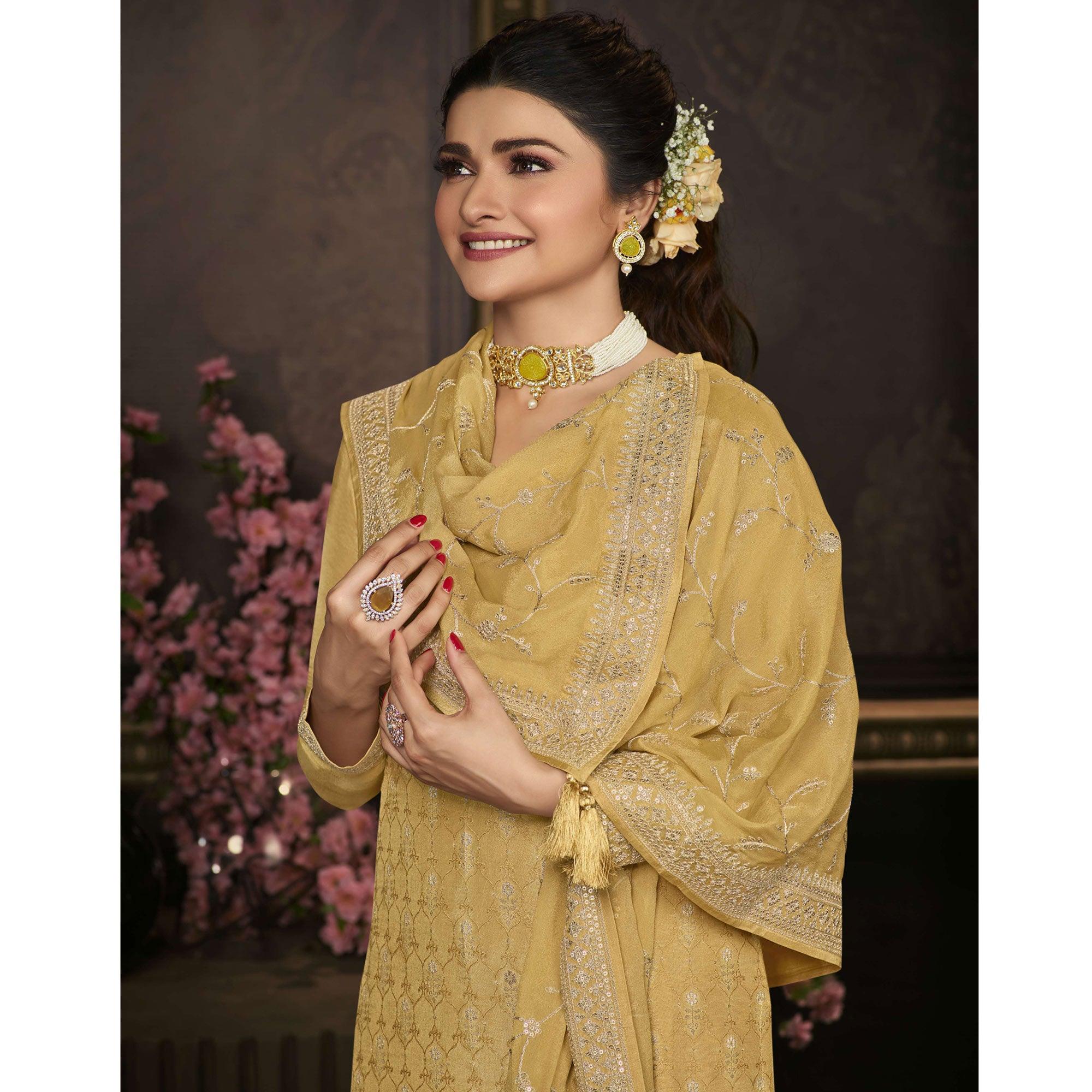 Yellow Floral Sequence Embroidered Dola Silk Palazzo Suit - Peachmode