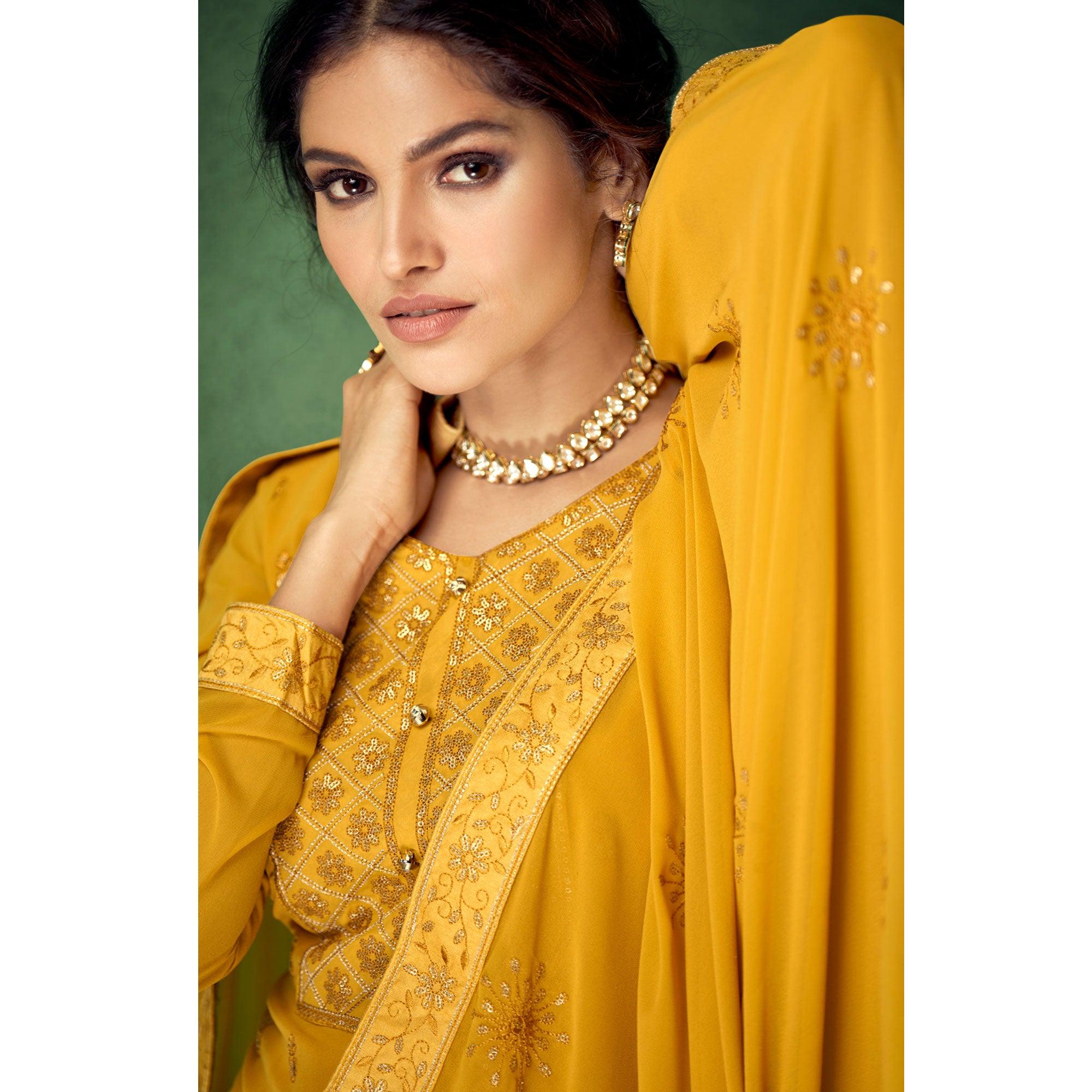 Yellow Floral Sequence Embroidered Georgette Partywear Suit - Peachmode