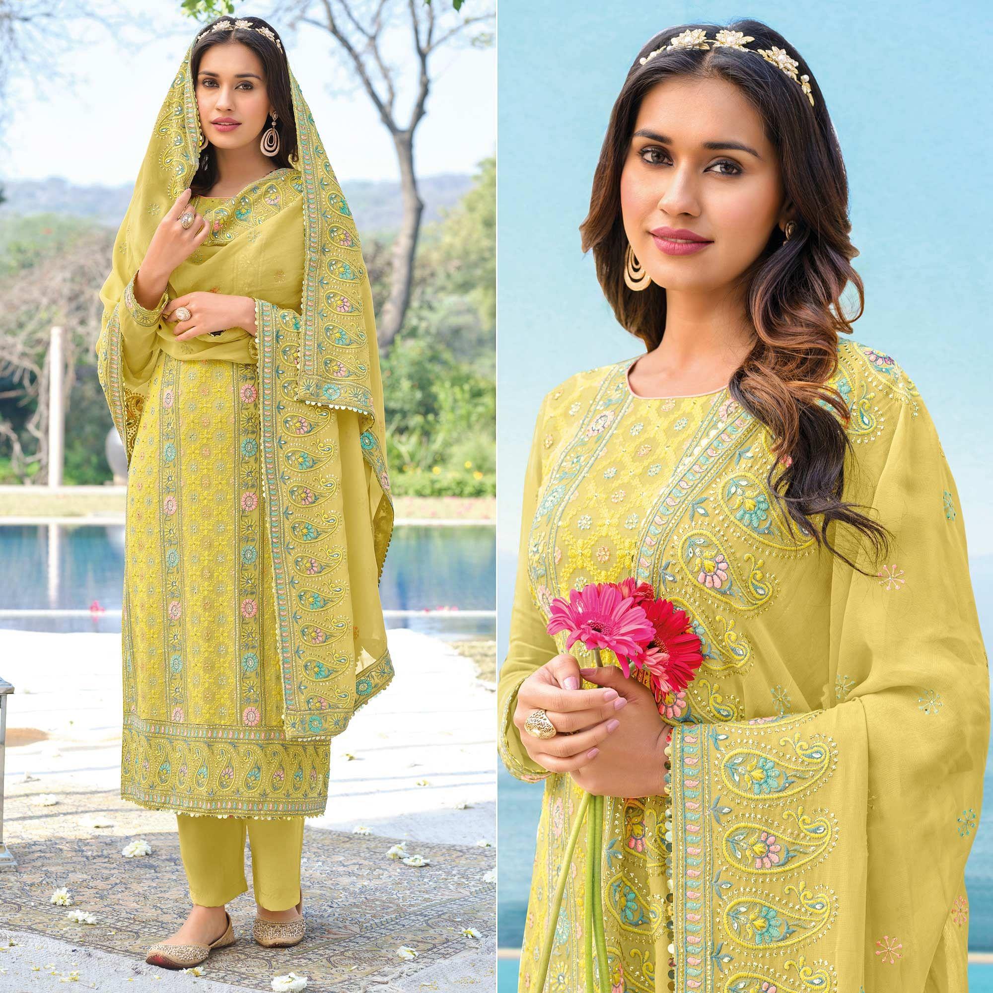Yellow Floral Sequence Embroidered Georgette Suit - Peachmode