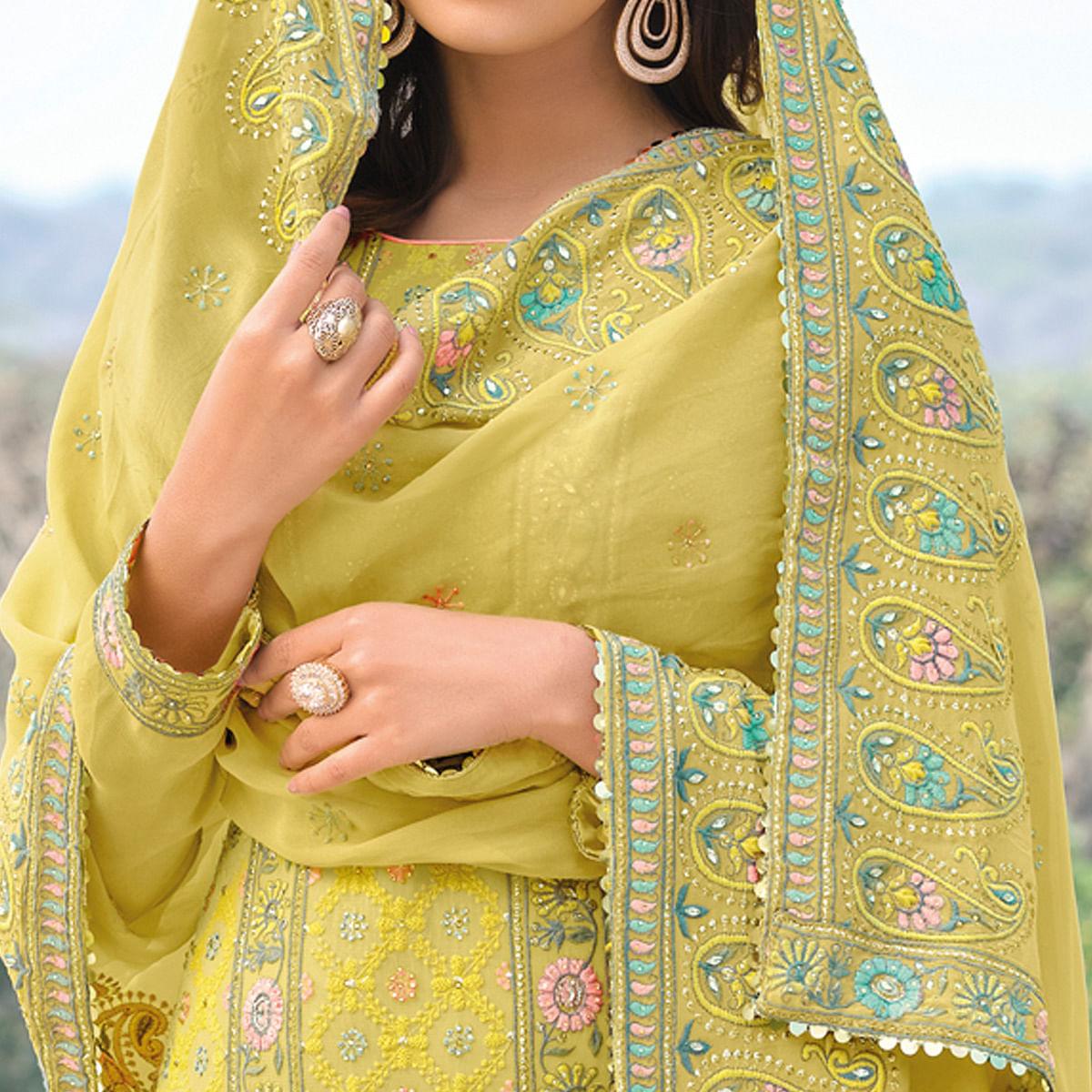 Yellow Floral Sequence Embroidered Georgette Suit - Peachmode