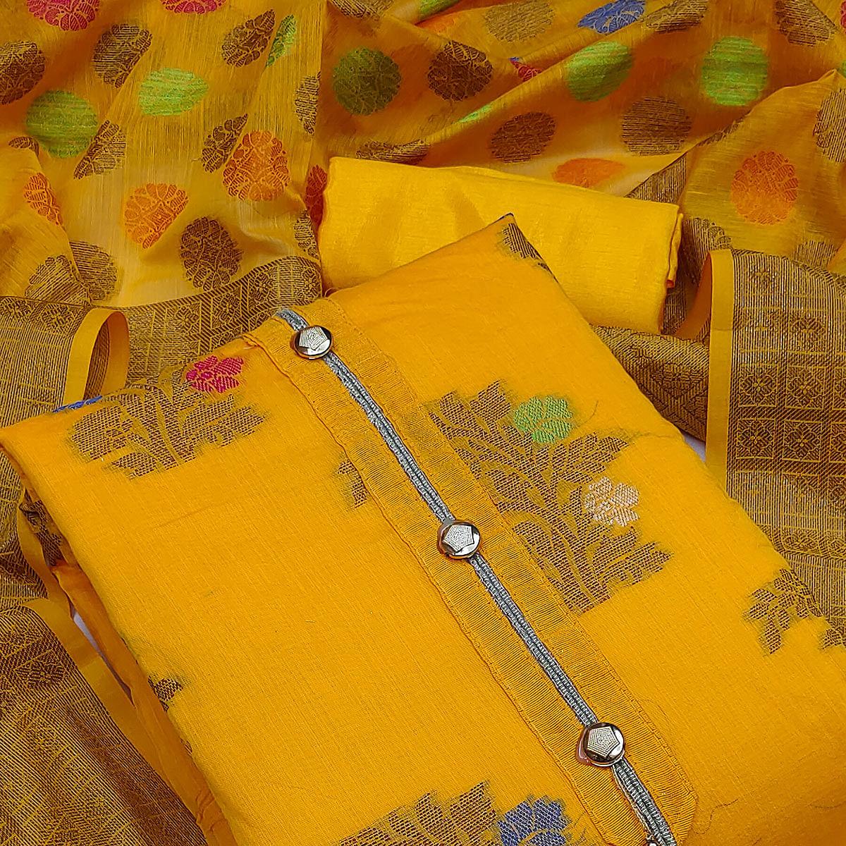 Yellow Floral Woven Banarasi Silk Dress Material - Peachmode
