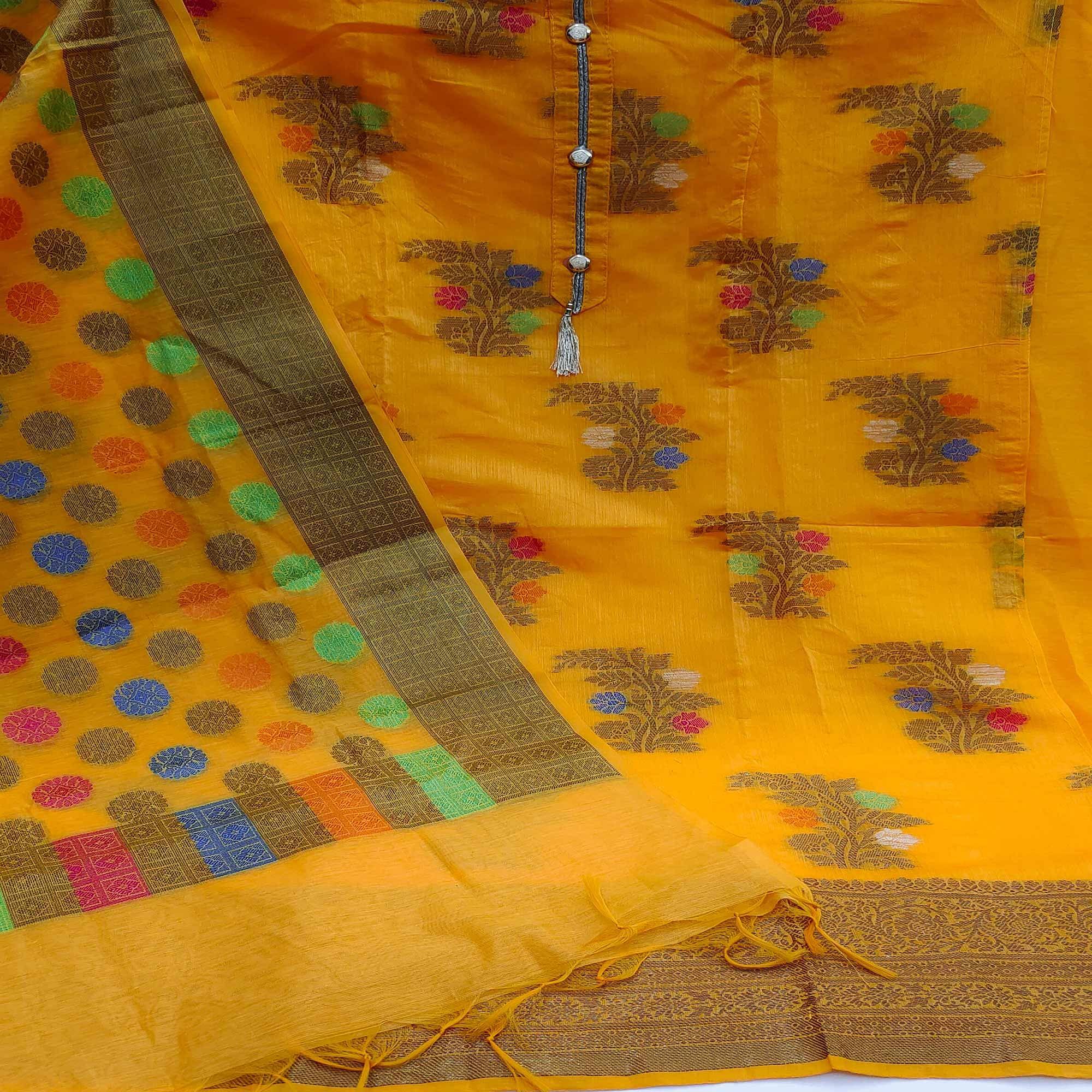 Yellow Floral Woven Banarasi Silk Dress Material - Peachmode