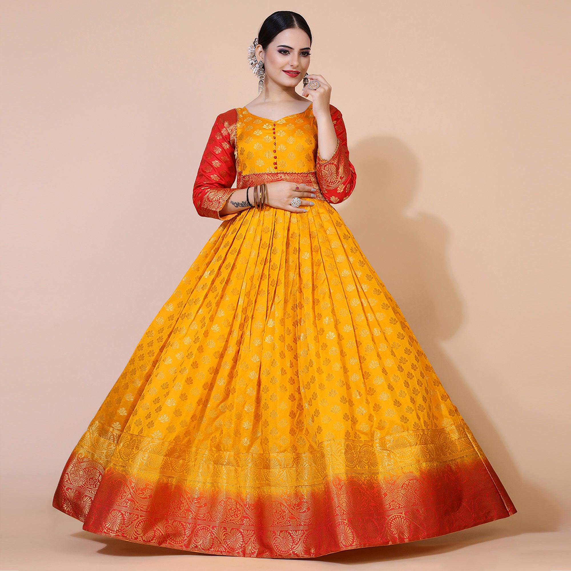 Yellow Floral Woven Jacquard Anarkali Style Gown - Peachmode