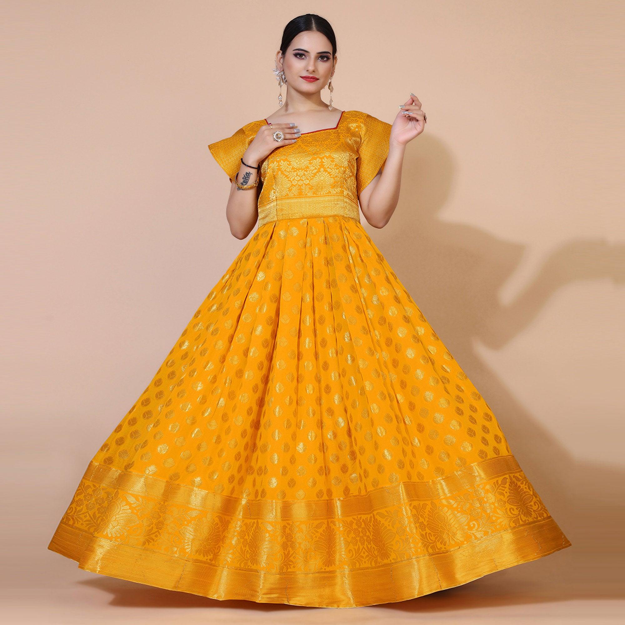 Yellow Floral Woven Jacquard Anarkali Style Gown - Peachmode