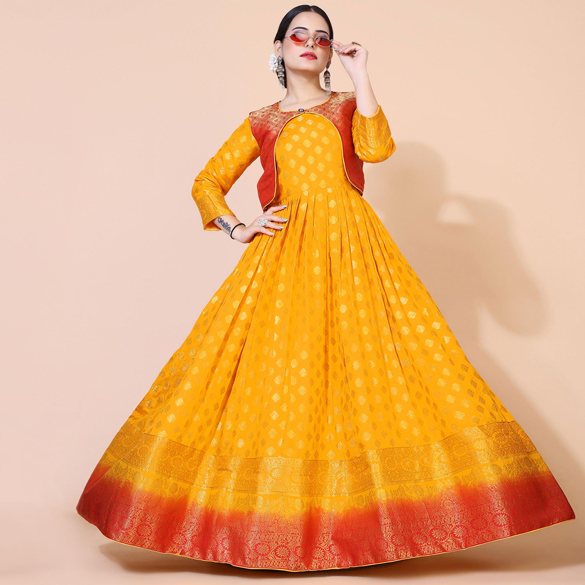 Yellow Floral Woven Jacquard Anarkali Style Gown - Peachmode