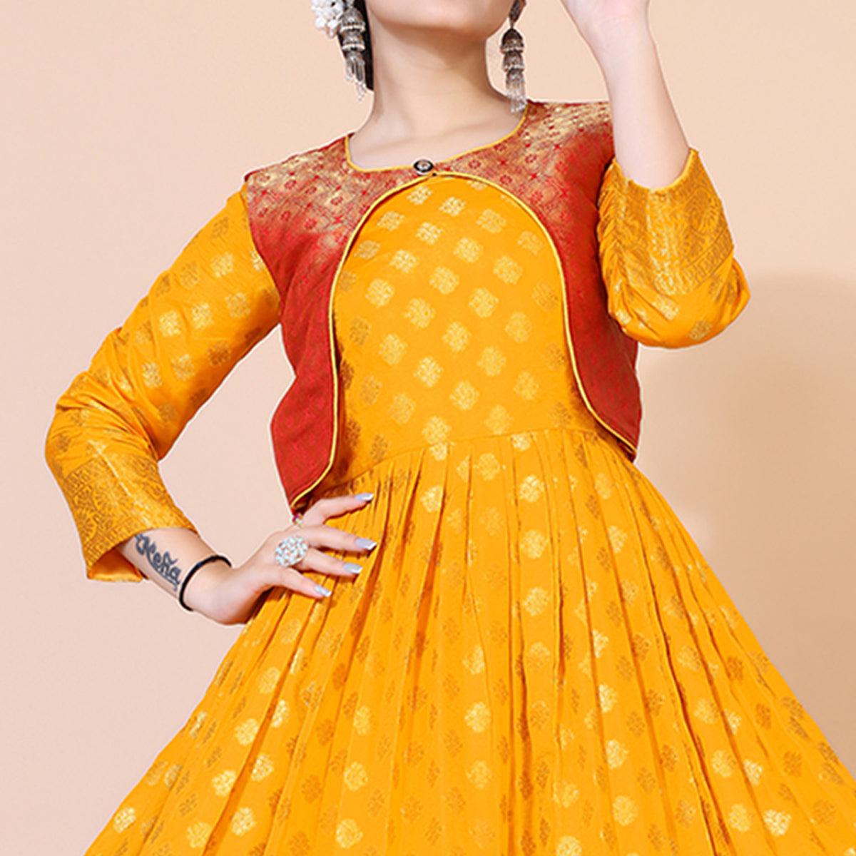 Yellow Floral Woven Jacquard Anarkali Style Gown - Peachmode