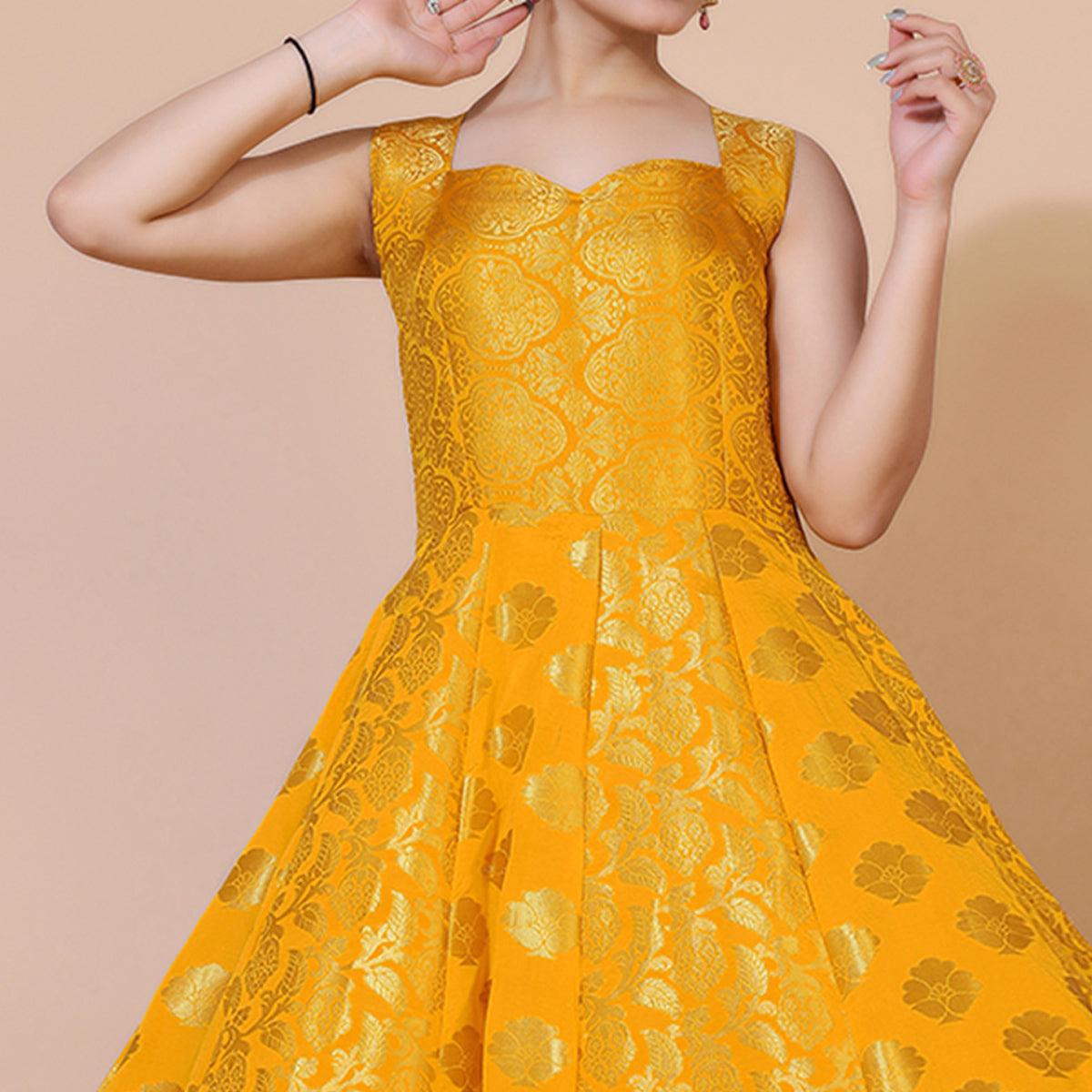 Yellow Floral Woven Jacquard Anarkali Style Gown - Peachmode