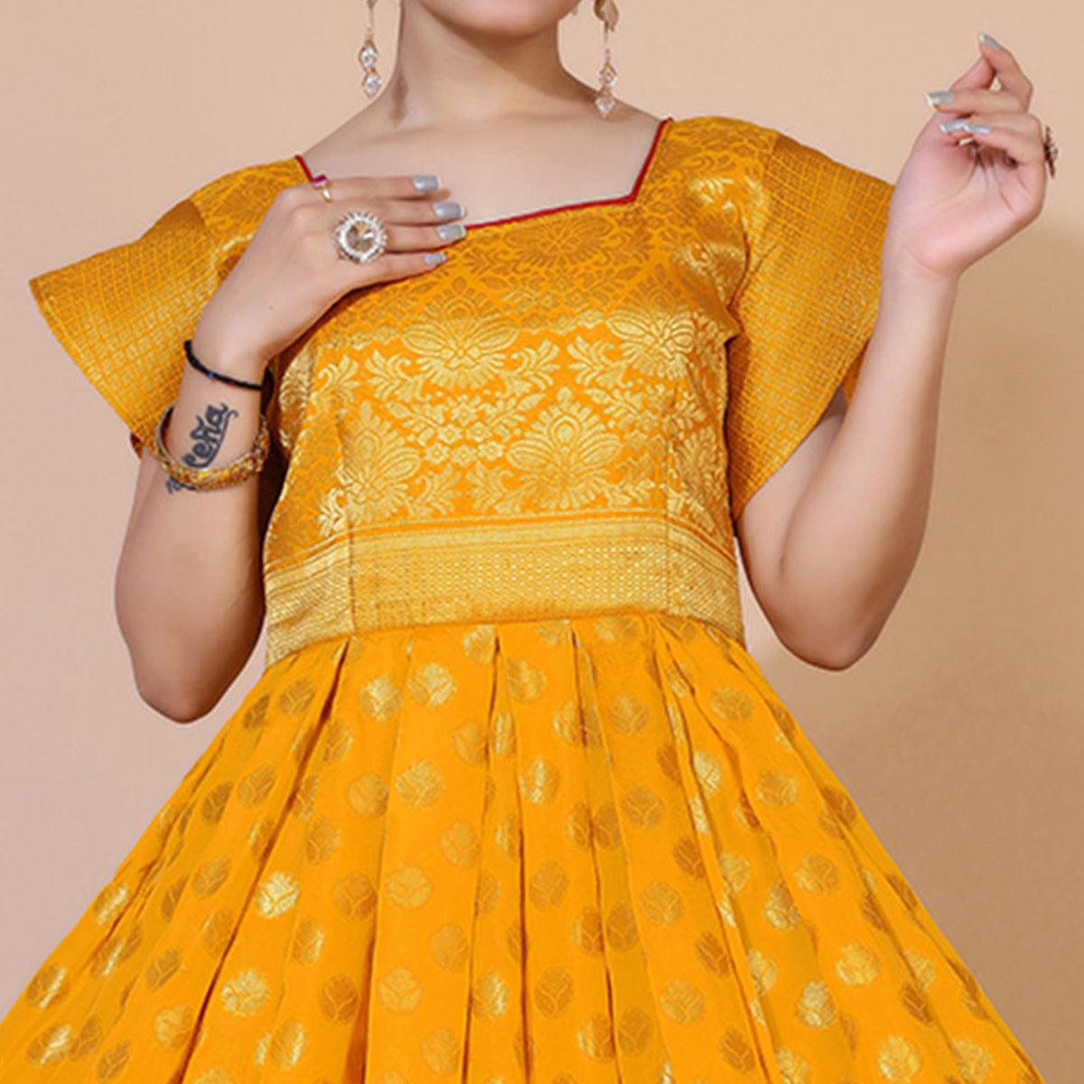 Yellow Floral Woven Jacquard Anarkali Style Gown - Peachmode